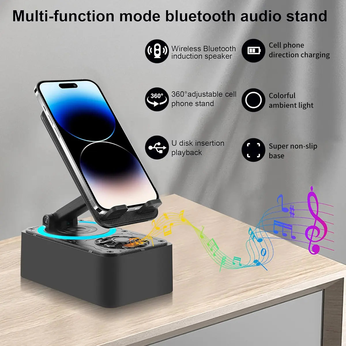 5-In-1 Wireless Bluetooth Audio Speaker with 3000Mah USB Charger, Colorful Lights, and Phone/Tablet Stand for Iphones