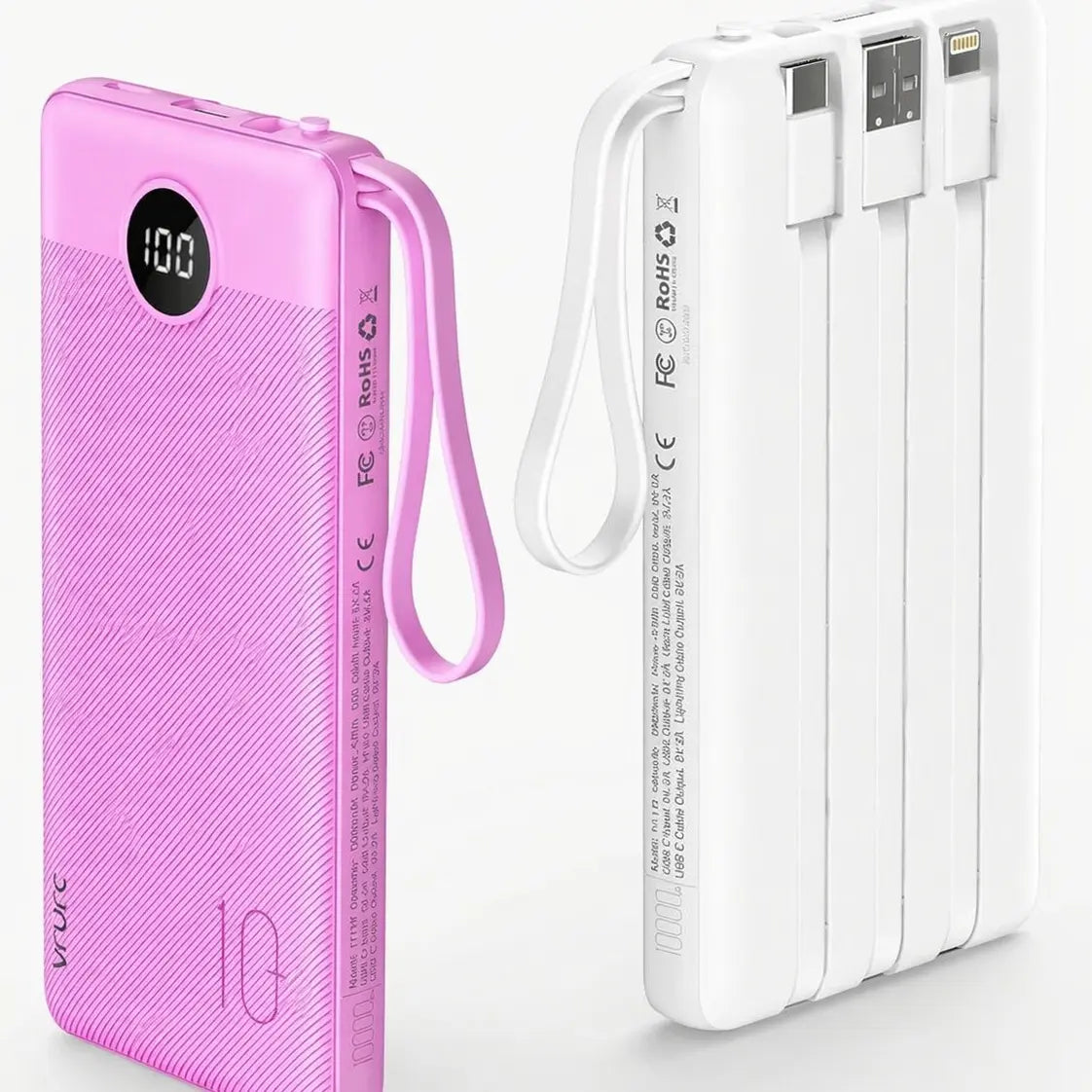 【BOGO】VRURC 10000Mah Portable Power Bank with 4 Built-In Cables, Battery Pack with LED Display, USB-C & Micro USB Rechargeable, Travel Charger for Iphone, Android, Ipad, Tablet, Earbuds #Summervibes