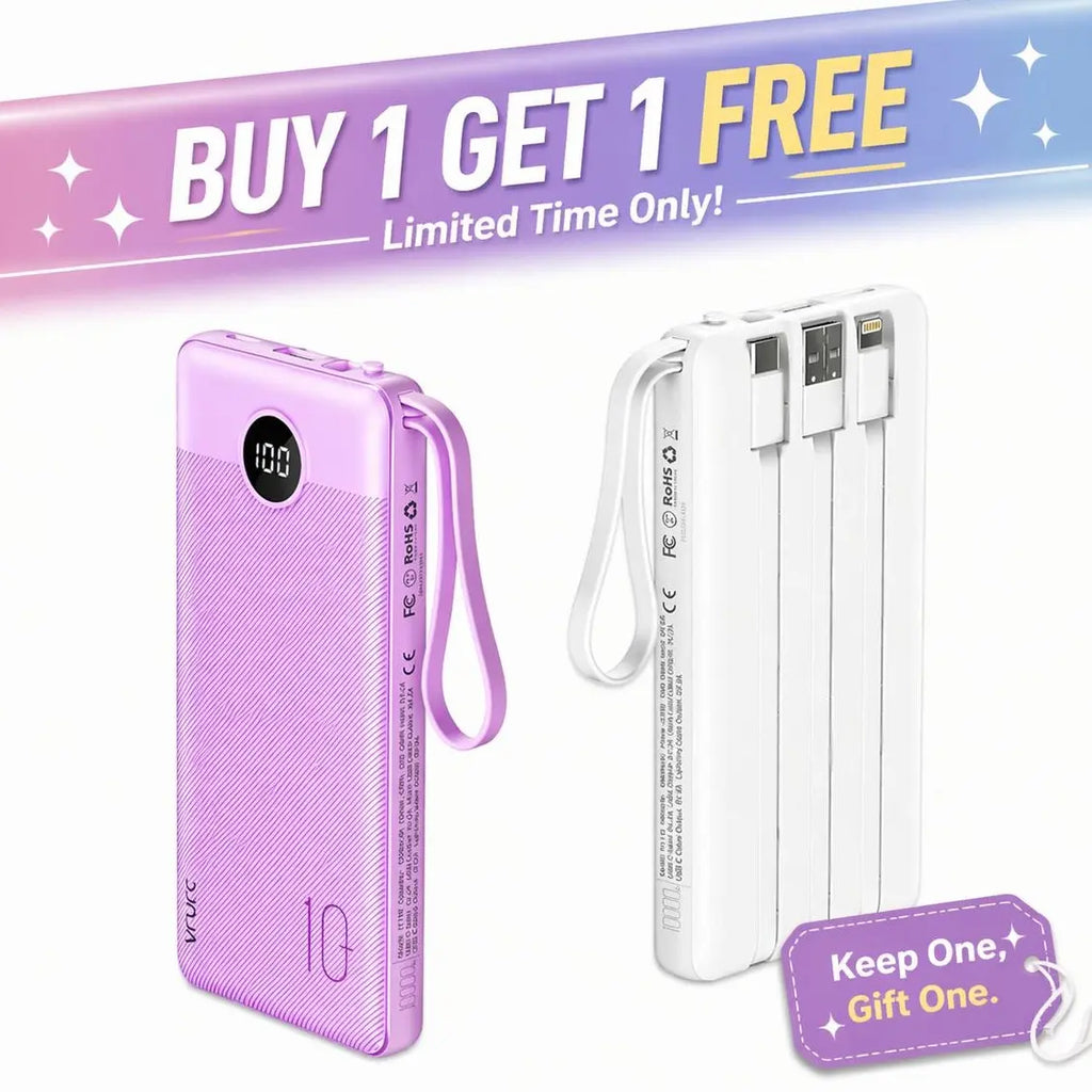 【BOGO】VRURC 10000Mah Portable Power Bank with 4 Built-In Cables, Battery Pack with LED Display, USB-C & Micro USB Rechargeable, Travel Charger for Iphone, Android, Ipad, Tablet, Earbuds #Summervibes
