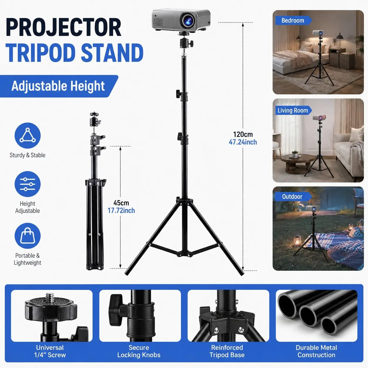 1.2M Portable Universal Tripod Stand, Adjustable Desktop Projector Mount, Home & Office Use, Camera Accessory, Global Selection
