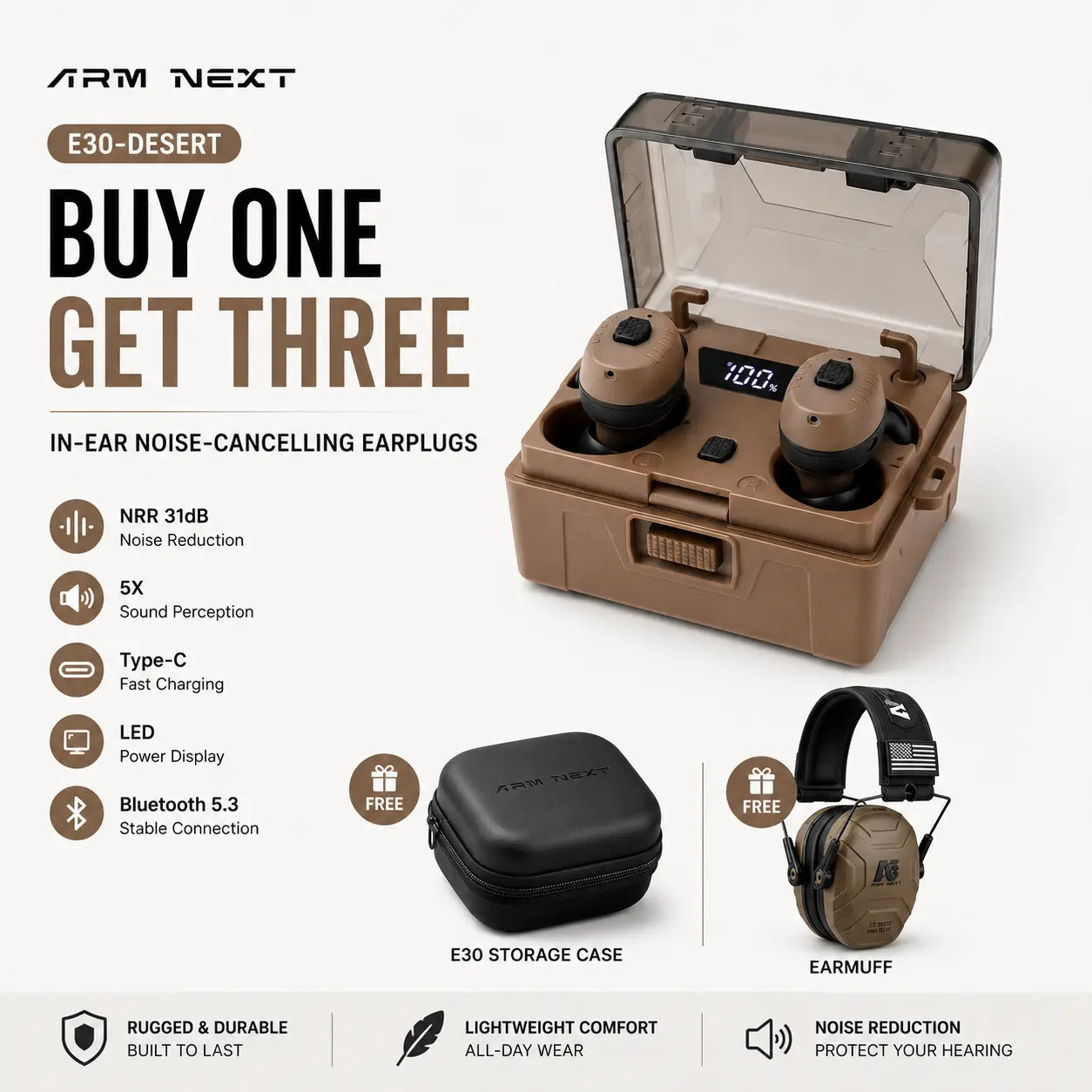 (A Free Gift) ARM NEXT Fieldops Tactical Earbuds E30 Hearing Protection with Bluetooth, 31Db Noise Reduction for Shooting Wireless Tactical Earbuds with Sound Pickup, Bluetooth 5.4, 50H Playtime, LED Display, for Hunting & Work Outdoorfun Fathersdayg
