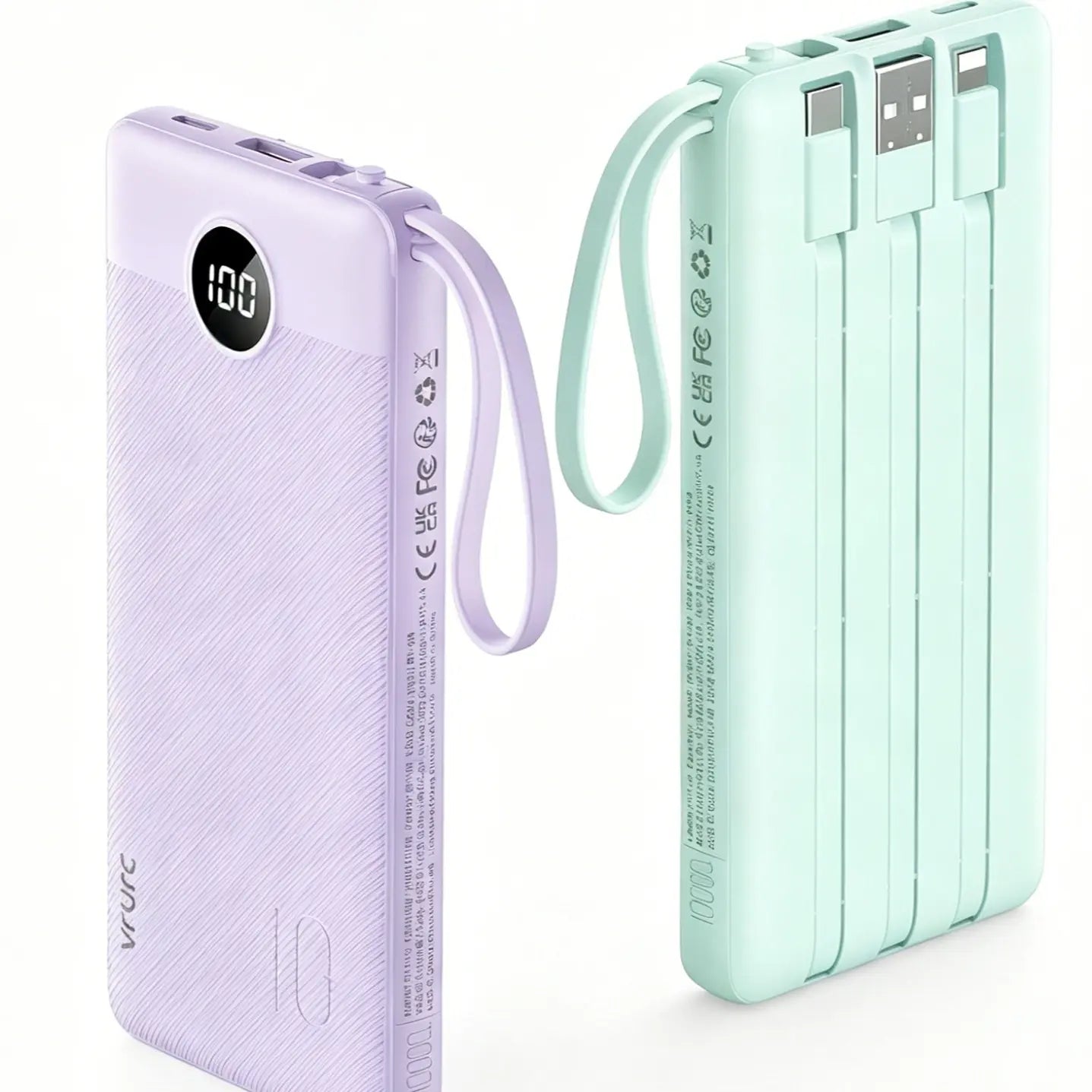 【BOGO】VRURC 10000Mah Portable Power Bank with 4 Built-In Cables, Battery Pack with LED Display, USB-C & Micro USB Rechargeable, Travel Charger for Iphone, Android, Ipad, Tablet, Earbuds #Summervibes
