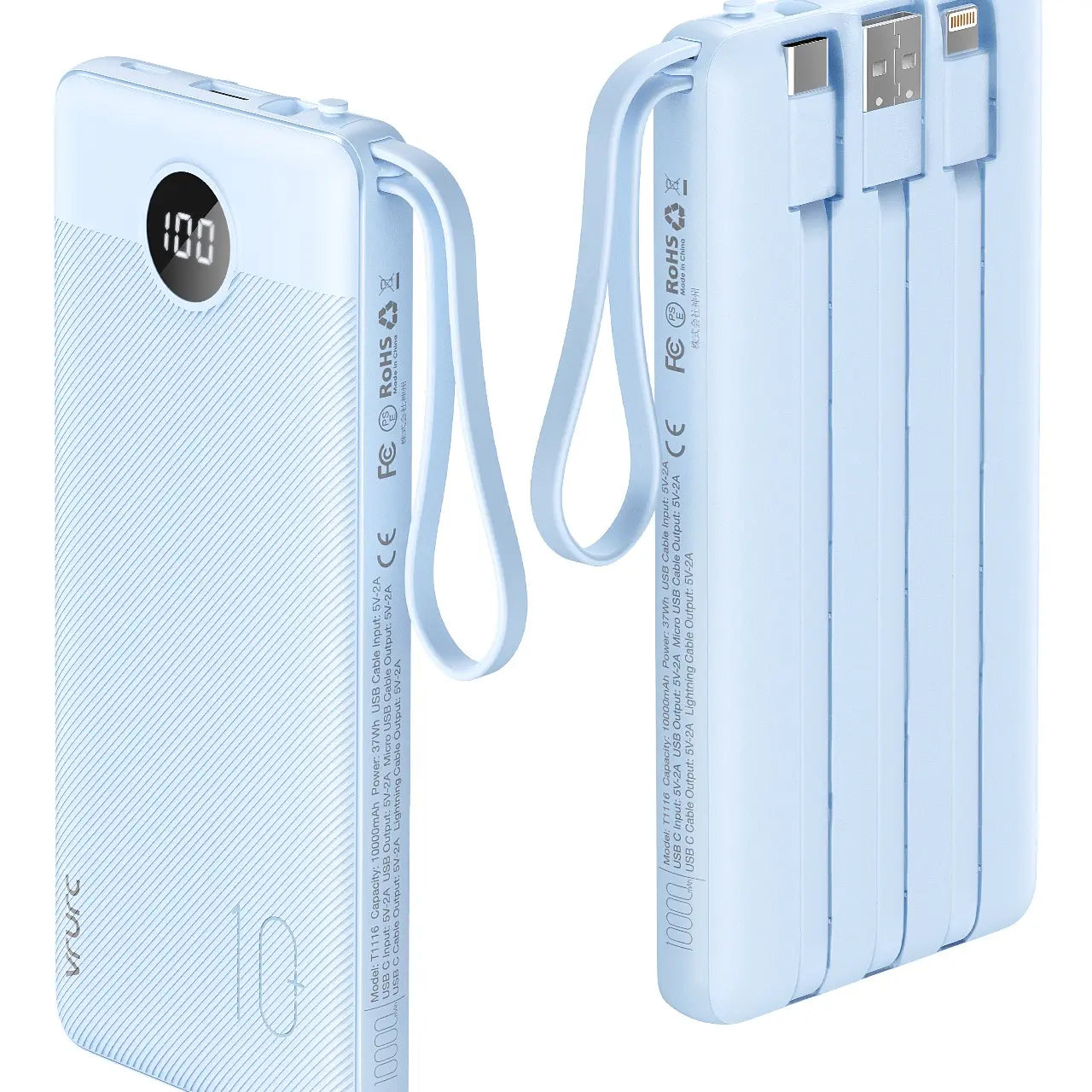 【BOGO】VRURC 10000Mah Portable Power Bank with 4 Built-In Cables, Battery Pack with LED Display, USB-C & Micro USB Rechargeable, Travel Charger for Iphone, Android, Ipad, Tablet, Earbuds #Summervibes