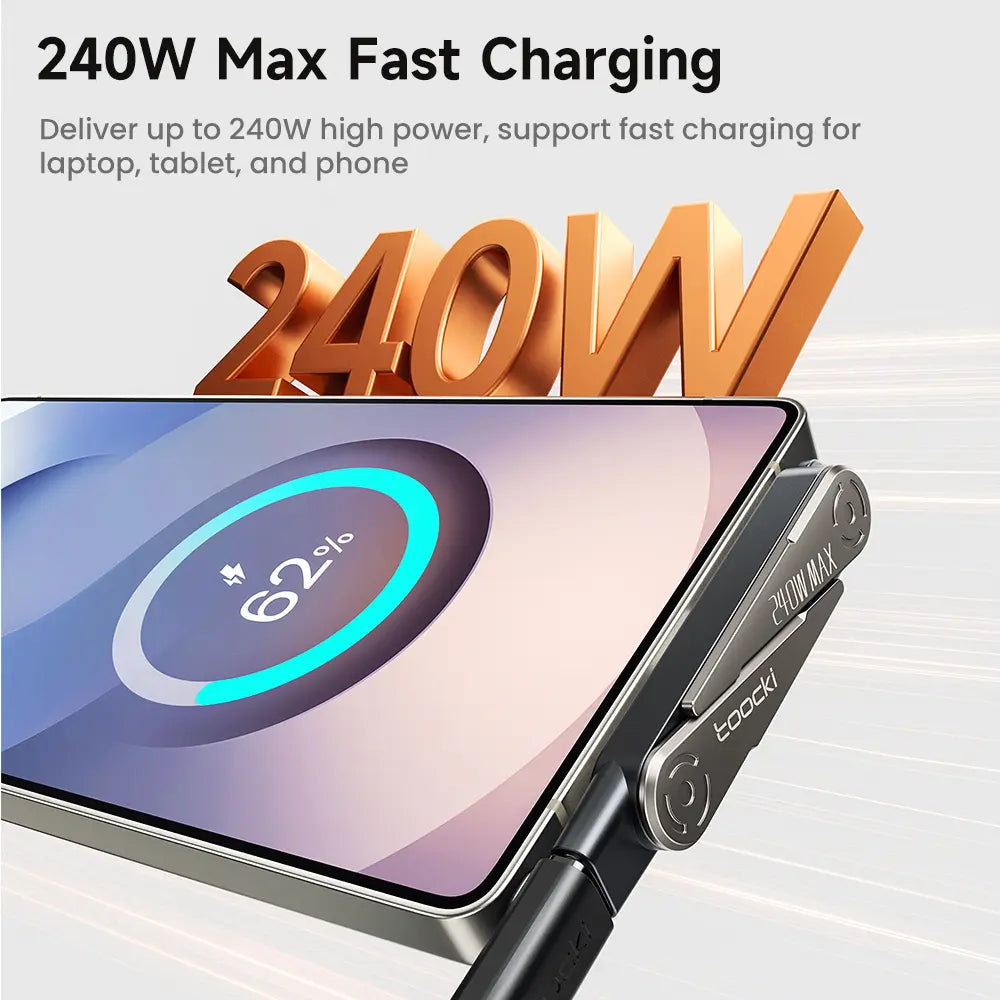 Toocki 240W/30W Super Fast Charging Cable with 360° Invisible Stand, Detachable 2 in 1 Charger Cord & Phone Holders for Gaming Office Car Travel, Zinc Alloy Lightning/Type C Port (Single Adapter Black)