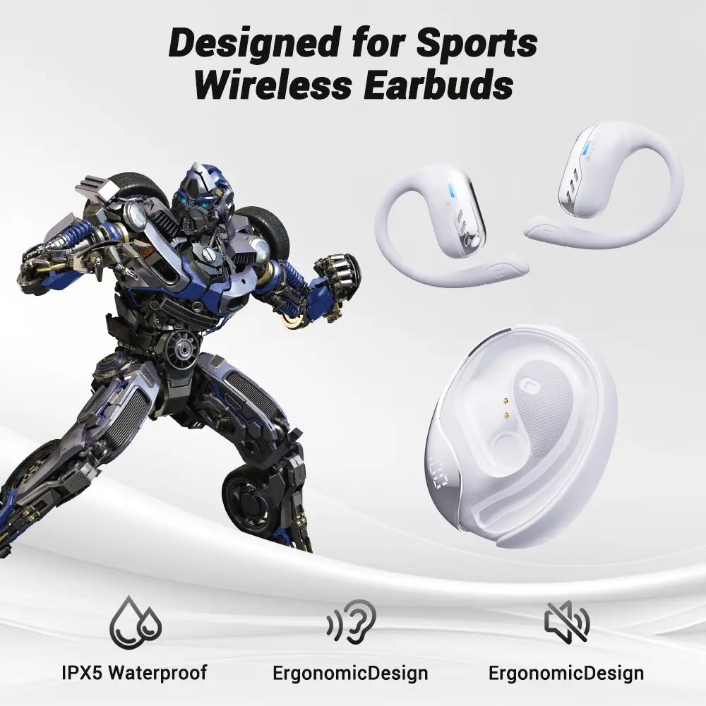 TRANSFORMERS T55 Open Ear Wireless Headphones - Bluetooth 5.4 Connection, IPX5 Waterproof Ear Hooks, Surround Sound Audio, LED Display, Lanyard, Aesthetic Black Optimus Primal Headphone for Sports (Running, Workouts)