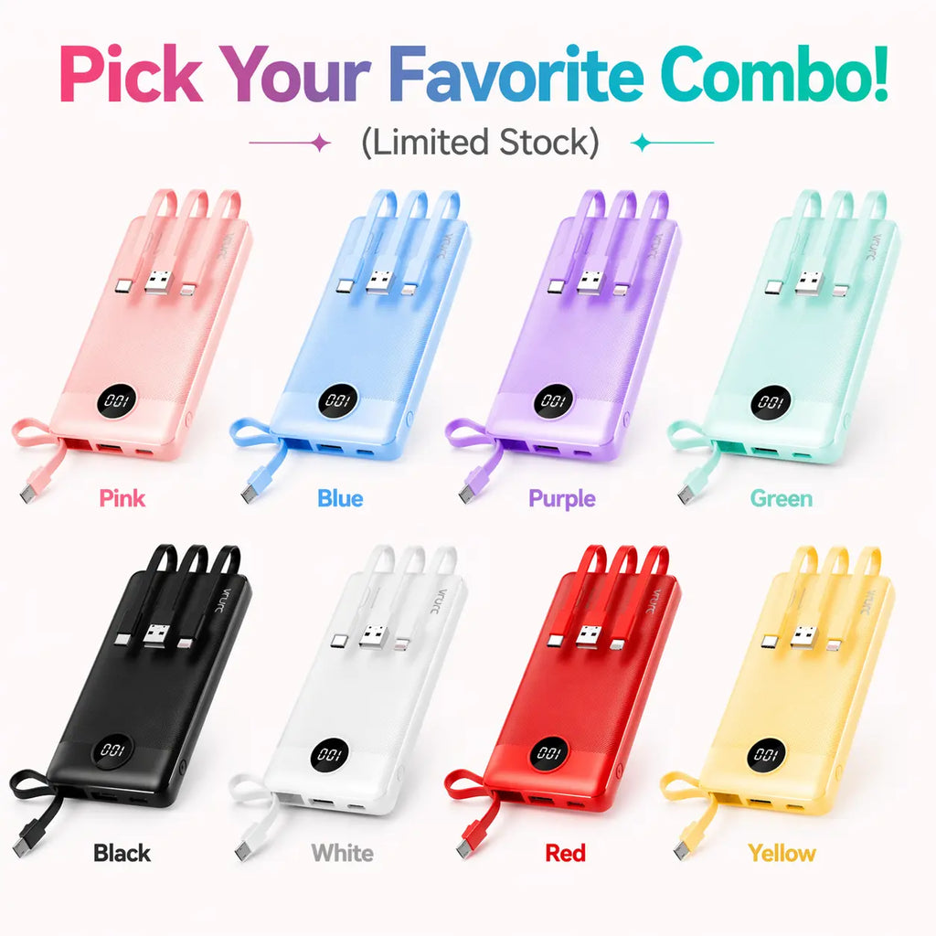 【BOGO】VRURC 10000Mah Portable Power Bank with 4 Built-In Cables, Battery Pack with LED Display, USB-C & Micro USB Rechargeable, Travel Charger for Iphone, Android, Ipad, Tablet, Earbuds #Summervibes
