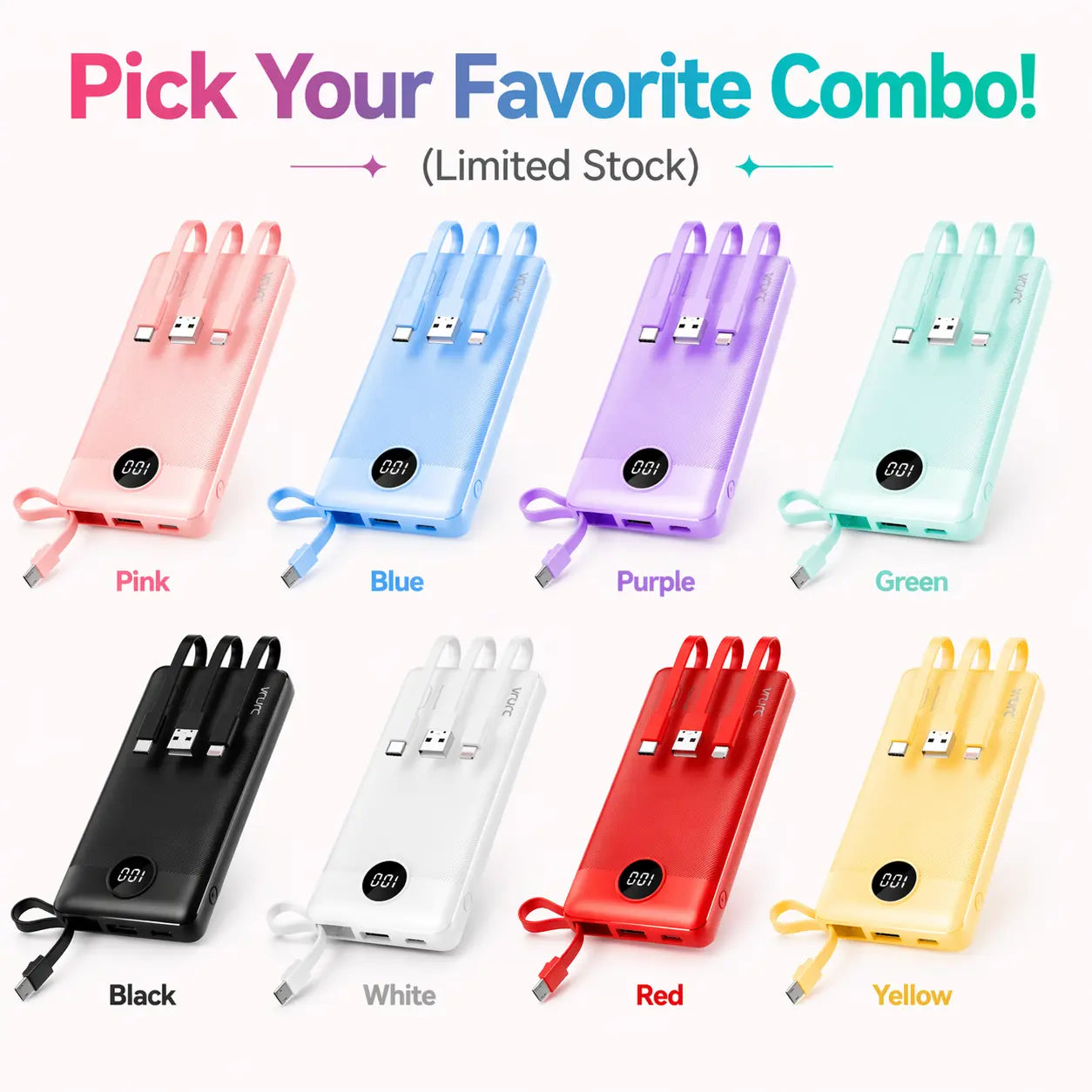 【BOGO】VRURC 10000Mah Portable Power Bank with 4 Built-In Cables, Battery Pack with LED Display, USB-C & Micro USB Rechargeable, Travel Charger for Iphone, Android, Ipad, Tablet, Earbuds #Summervibes