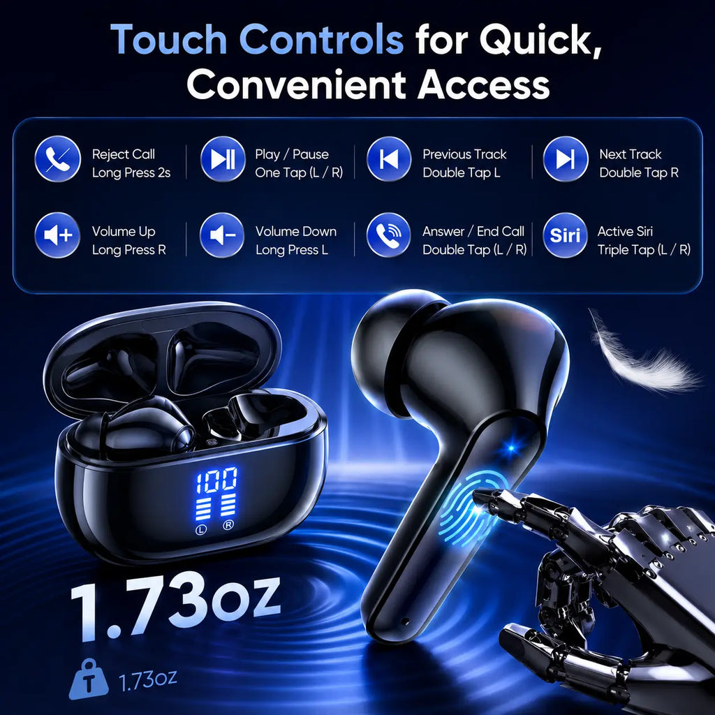 Bluetooth Earbuds, Wireless Earbuds with Bluetooth 5.3, 40H Playback, LED Digital Display Charging Case, 14.2Mm Stereo Sound, Touch Control, Built-In Mic Earphones for Iphone Android Sports Workout, T12