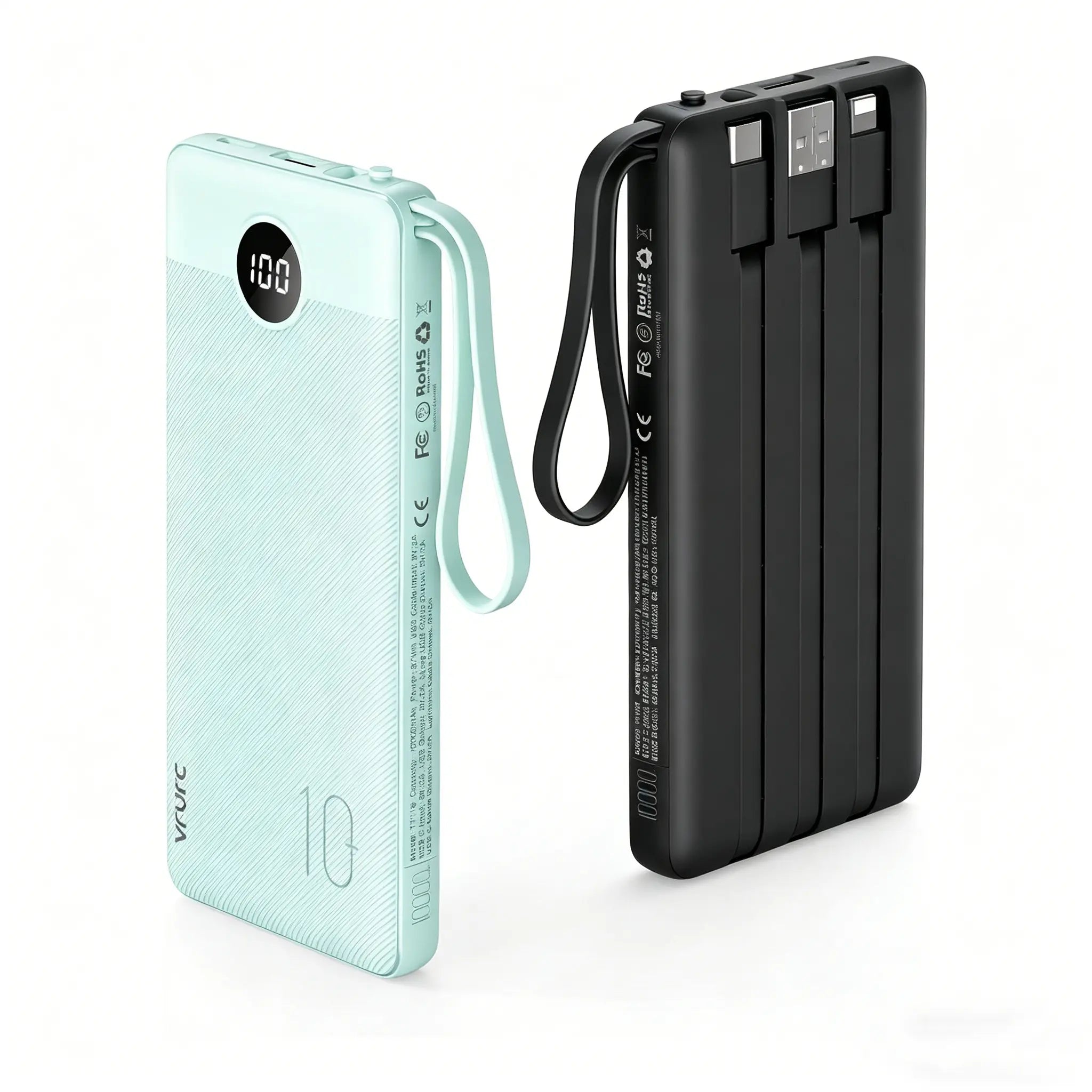 【BOGO】VRURC 10000Mah Portable Power Bank with 4 Built-In Cables, Battery Pack with LED Display, USB-C & Micro USB Rechargeable, Travel Charger for Iphone, Android, Ipad, Tablet, Earbuds #Summervibes