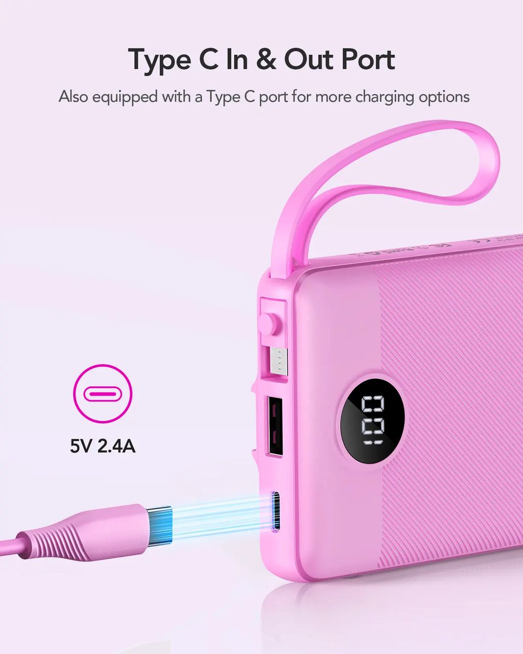 【BOGO】VRURC 10000Mah Portable Power Bank with 4 Built-In Cables, Battery Pack with LED Display, USB-C & Micro USB Rechargeable, Travel Charger for Iphone, Android, Ipad, Tablet, Earbuds #Summervibes