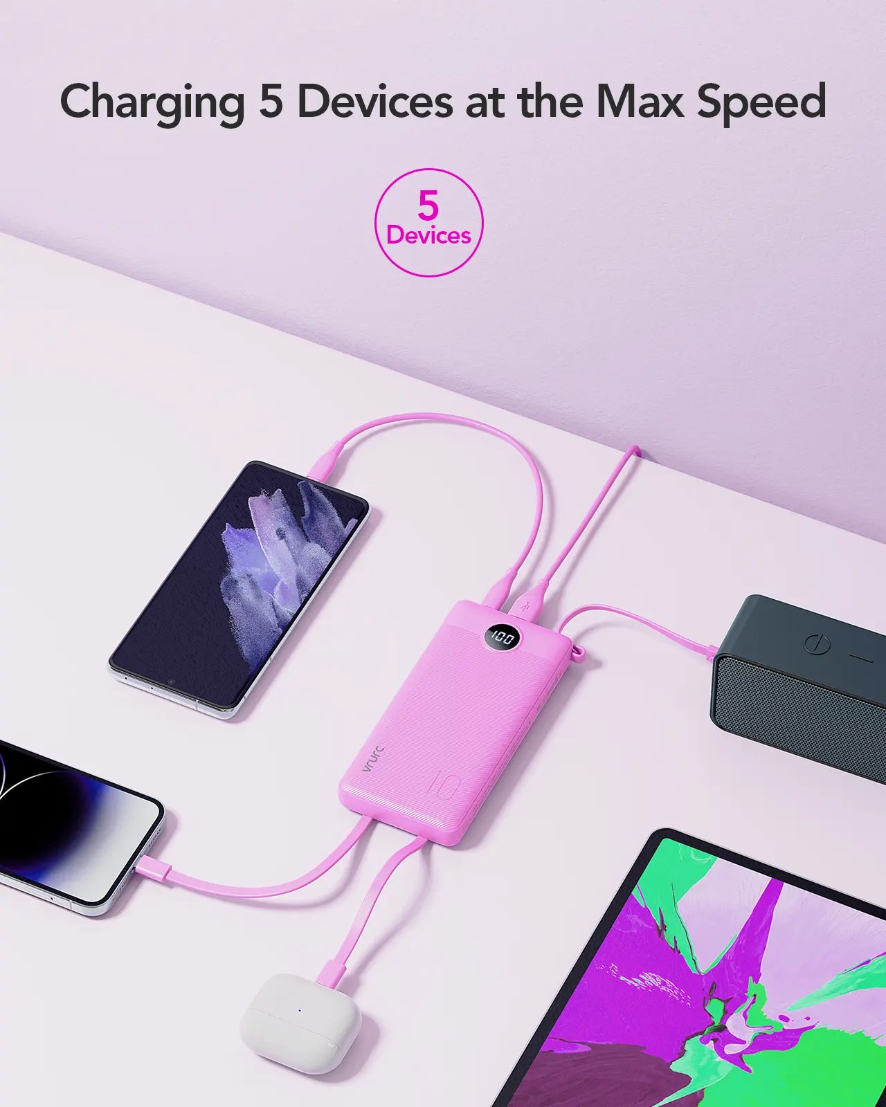 【BOGO】VRURC 10000Mah Portable Power Bank with 4 Built-In Cables, Battery Pack with LED Display, USB-C & Micro USB Rechargeable, Travel Charger for Iphone, Android, Ipad, Tablet, Earbuds #Summervibes