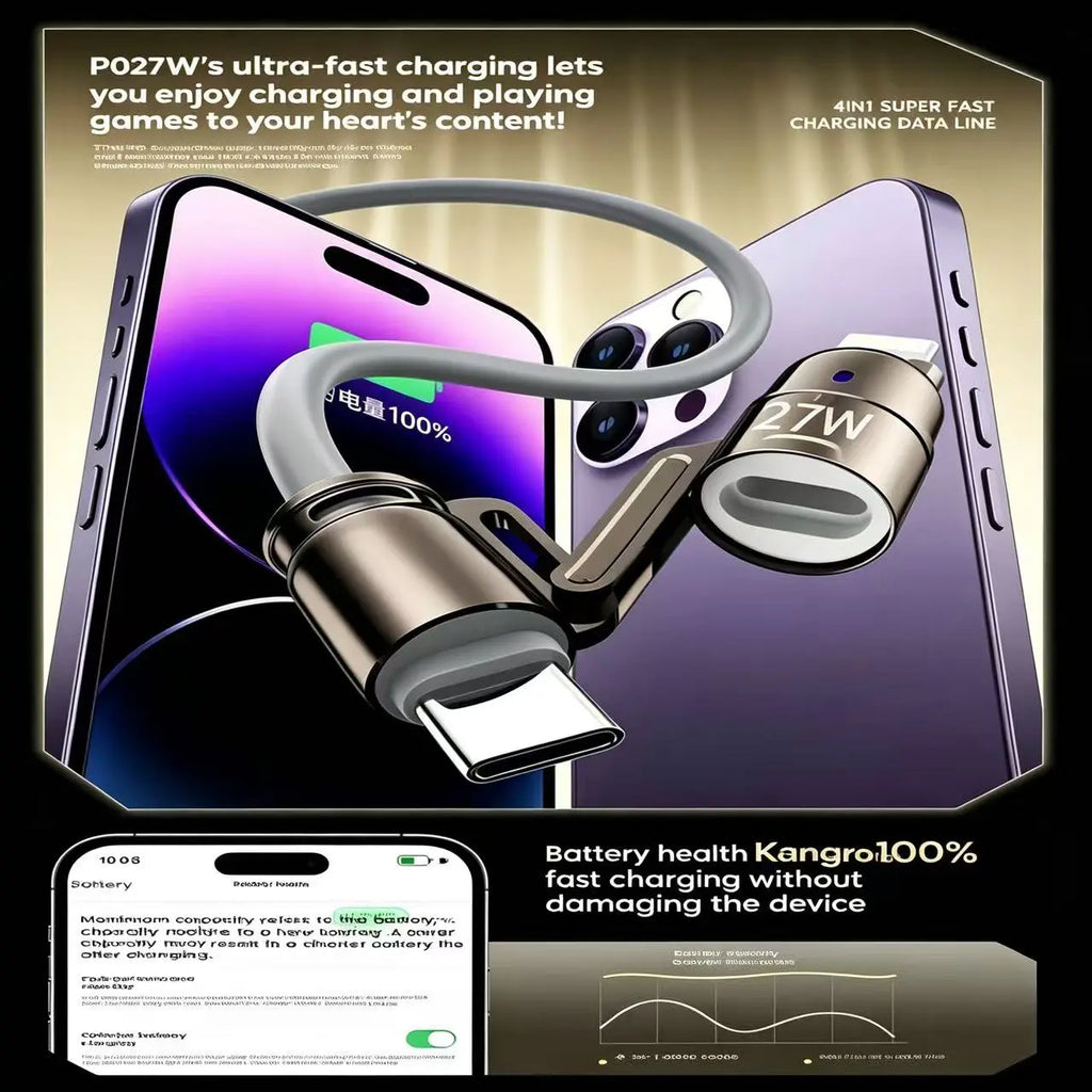 240W 4-In-1 Fast Charging Cable - USB-A, Type-C, Lightning Interfaces, 480Mbps Data Transfer, Liquid Silicone, Zinc Alloy Connector, 99% Compatibility for Electronic Devices (Iphone, Android, Laptops)