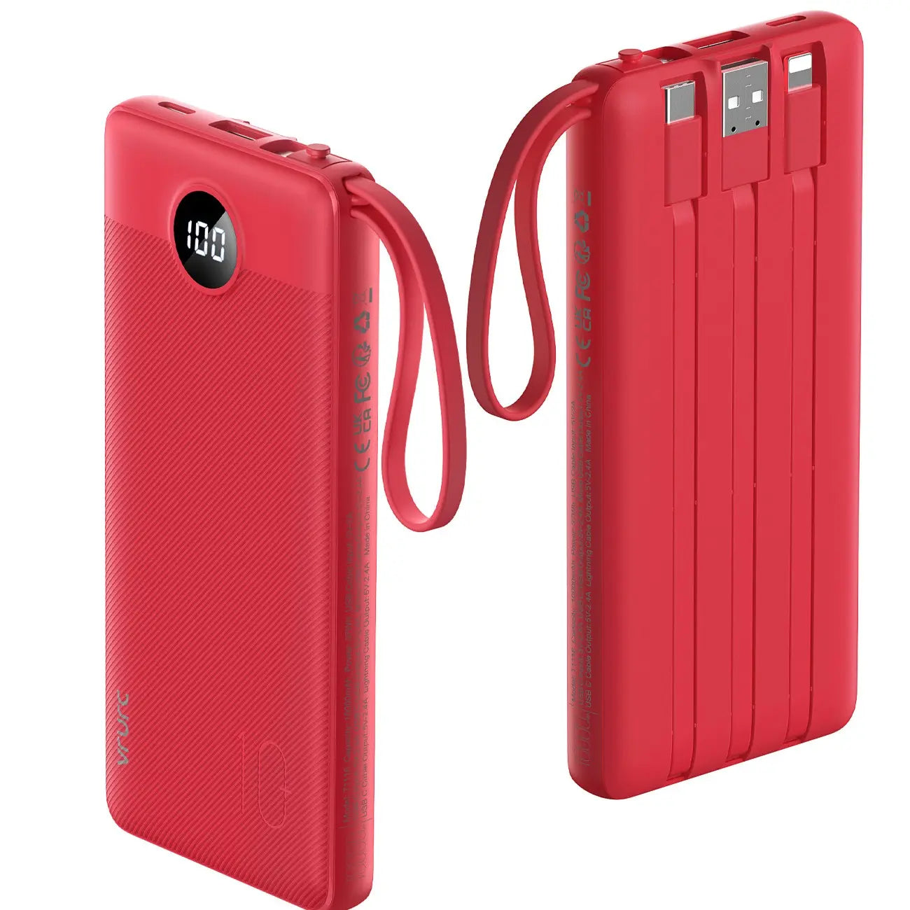 【BOGO】VRURC 10000Mah Portable Power Bank with 4 Built-In Cables, Battery Pack with LED Display, USB-C & Micro USB Rechargeable, Travel Charger for Iphone, Android, Ipad, Tablet, Earbuds #Summervibes