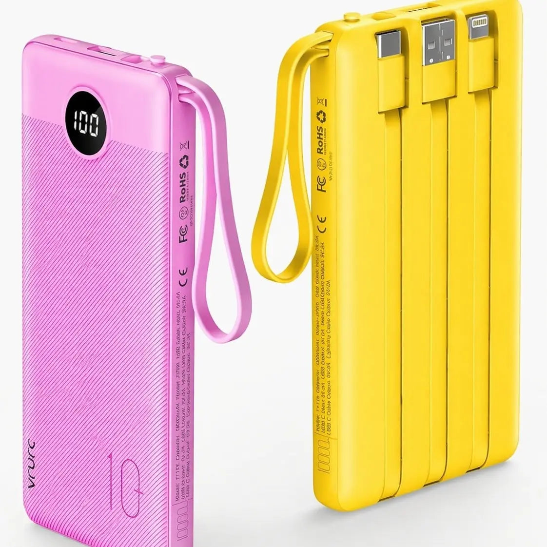 【BOGO】VRURC 10000Mah Portable Power Bank with 4 Built-In Cables, Battery Pack with LED Display, USB-C & Micro USB Rechargeable, Travel Charger for Iphone, Android, Ipad, Tablet, Earbuds #Summervibes