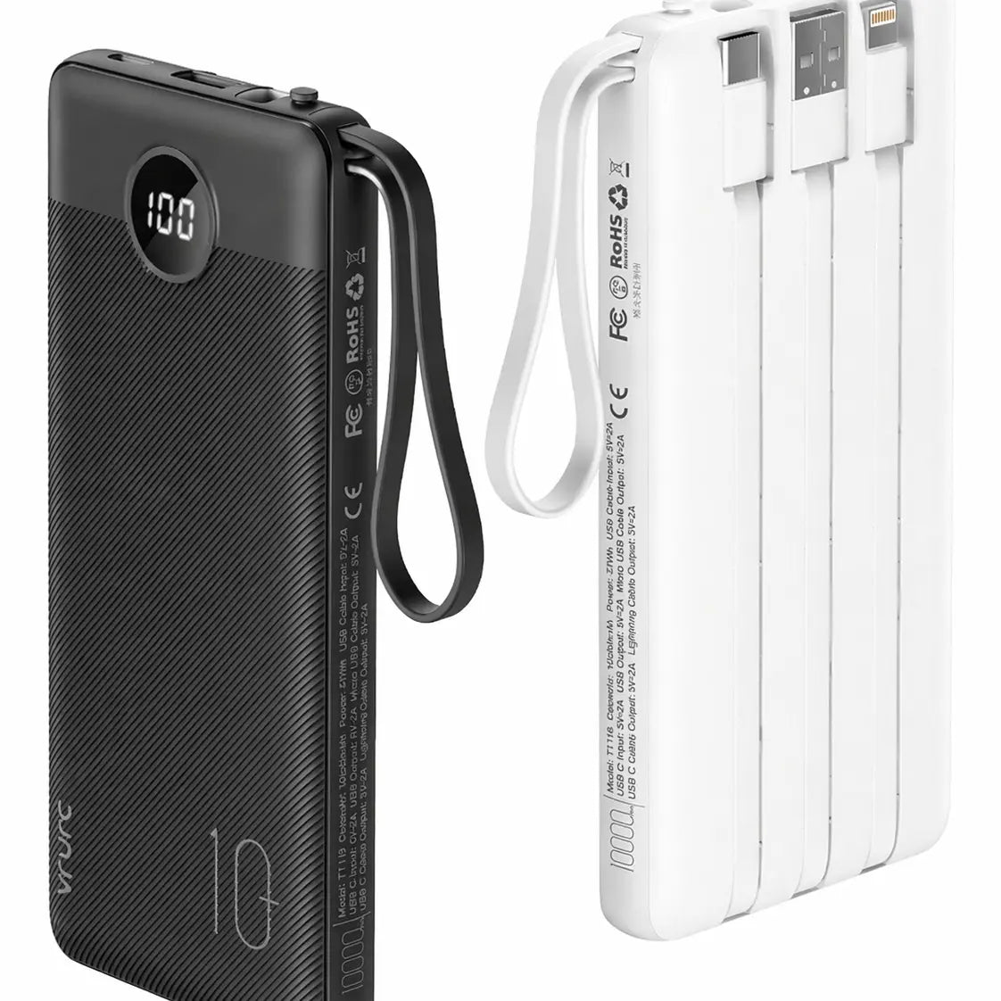 【BOGO】VRURC 10000Mah Portable Power Bank with 4 Built-In Cables, Battery Pack with LED Display, USB-C & Micro USB Rechargeable, Travel Charger for Iphone, Android, Ipad, Tablet, Earbuds #Summervibes