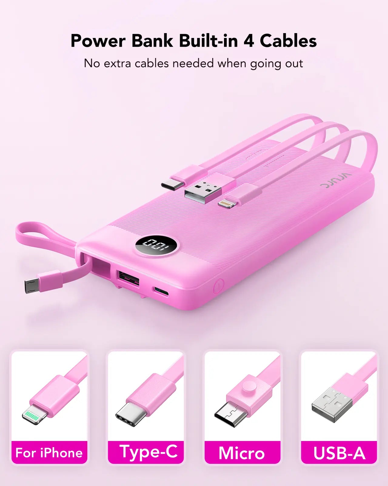 【BOGO】VRURC 10000Mah Portable Power Bank with 4 Built-In Cables, Battery Pack with LED Display, USB-C & Micro USB Rechargeable, Travel Charger for Iphone, Android, Ipad, Tablet, Earbuds #Summervibes