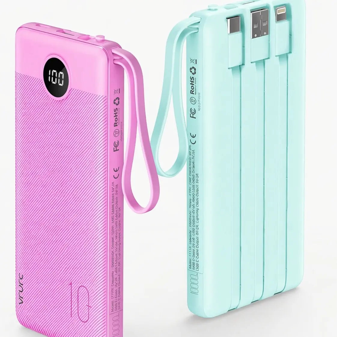 【BOGO】VRURC 10000Mah Portable Power Bank with 4 Built-In Cables, Battery Pack with LED Display, USB-C & Micro USB Rechargeable, Travel Charger for Iphone, Android, Ipad, Tablet, Earbuds #Summervibes