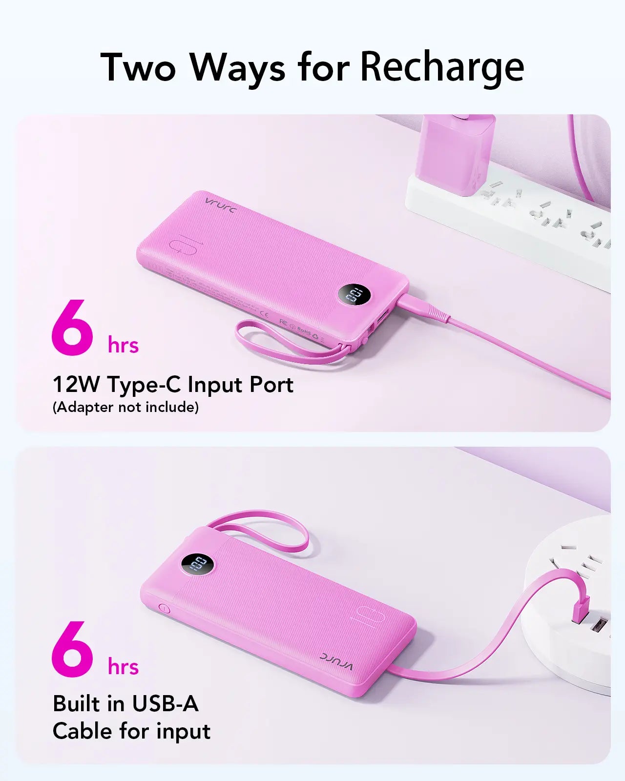 【BOGO】VRURC 10000Mah Portable Power Bank with 4 Built-In Cables, Battery Pack with LED Display, USB-C & Micro USB Rechargeable, Travel Charger for Iphone, Android, Ipad, Tablet, Earbuds #Summervibes