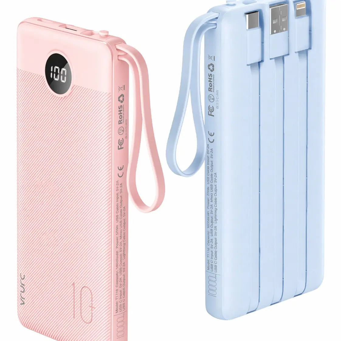 【BOGO】VRURC 10000Mah Portable Power Bank with 4 Built-In Cables, Battery Pack with LED Display, USB-C & Micro USB Rechargeable, Travel Charger for Iphone, Android, Ipad, Tablet, Earbuds #Summervibes