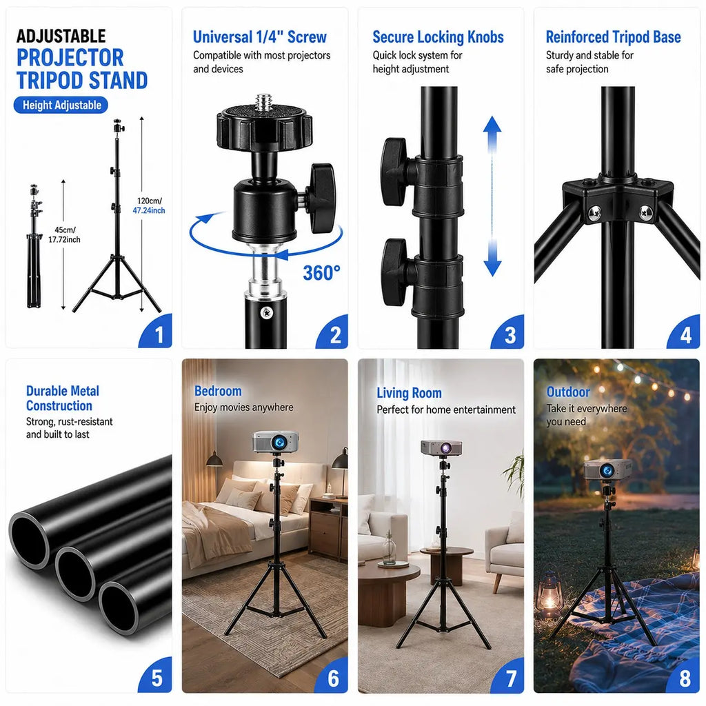 1.2M Portable Universal Tripod Stand, Adjustable Desktop Projector Mount, Home & Office Use, Camera Accessory, Global Selection