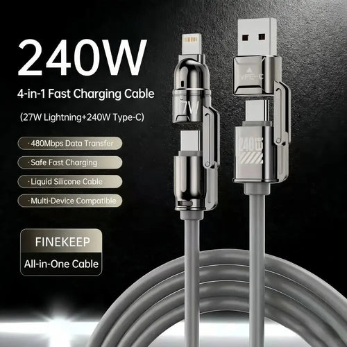 240W 4-In-1 Fast Charging Cable - USB-A, Type-C, Lightning Interfaces, 480Mbps Data Transfer, Liquid Silicone, Zinc Alloy Connector, 99% Compatibility for Electronic Devices (Iphone, Android, Laptops)