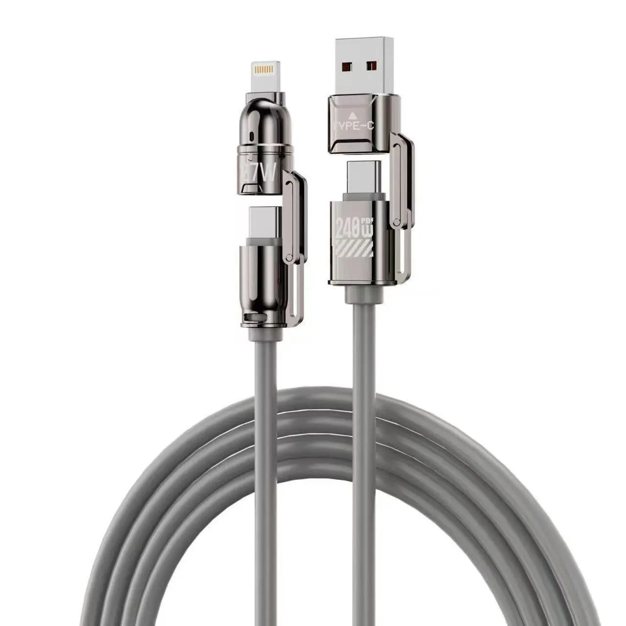 240W 4-In-1 Fast Charging Cable - USB-A, Type-C, Lightning Interfaces, 480Mbps Data Transfer, Liquid Silicone, Zinc Alloy Connector, 99% Compatibility for Electronic Devices (Iphone, Android, Laptops)